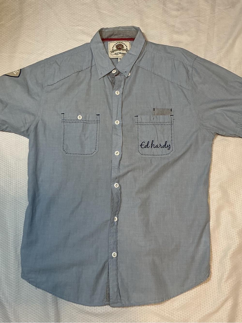 Ed Hardy Light Blue Short Sleeve Button-Down Shirt with Pocket Embroidery